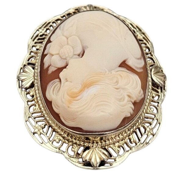 Symmetalic Sterling 12K Gold Shell Carved Cameo Brooch Pendant, Signed - Picture 5 of 11